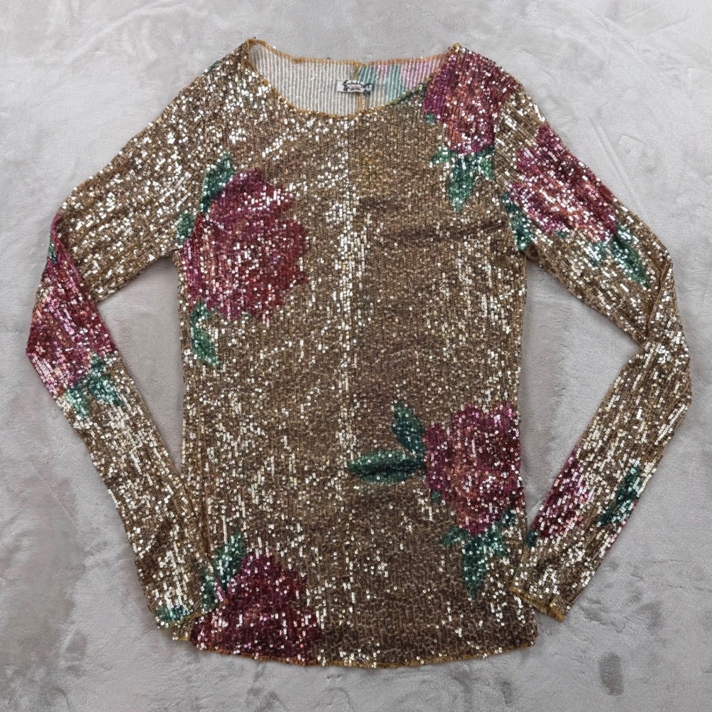 Free People Intimately Sequin Floral Long Sleeve Top Champagne Gold Rose M NEW